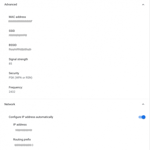 Экран с деталями сетевого соединения: IP, MAC и маршрутизация
