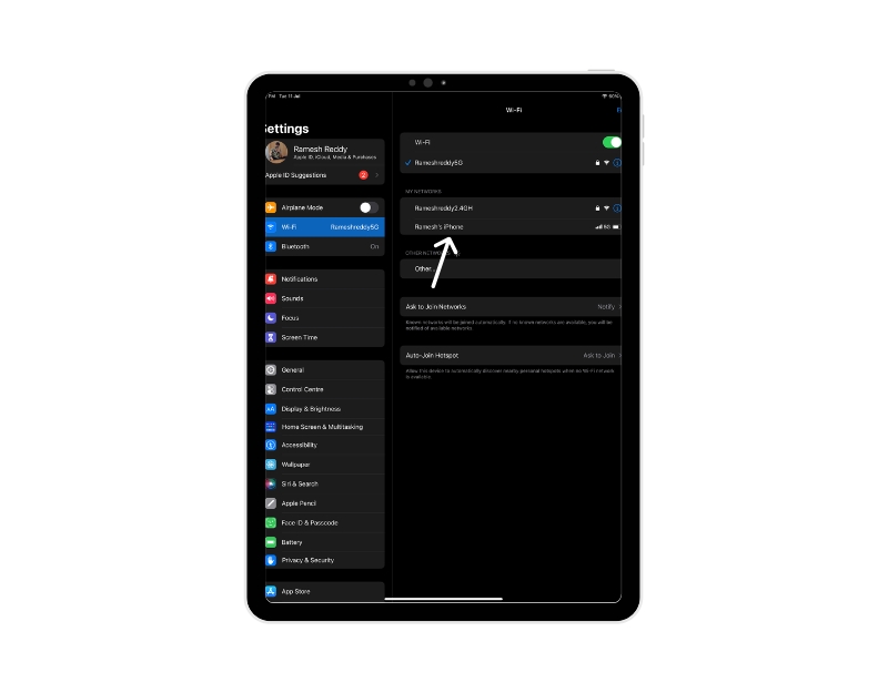 Сеть iPhone в списке Wi‑Fi на iPad