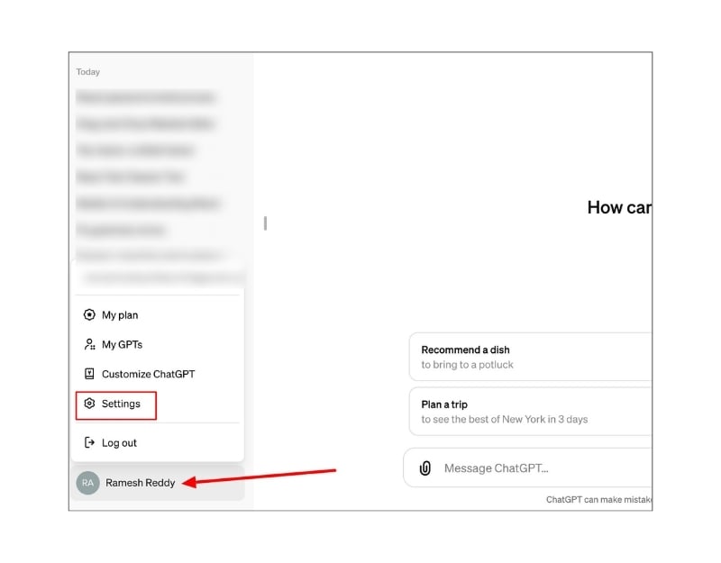 Меню настроек ChatGPT в аккаунте