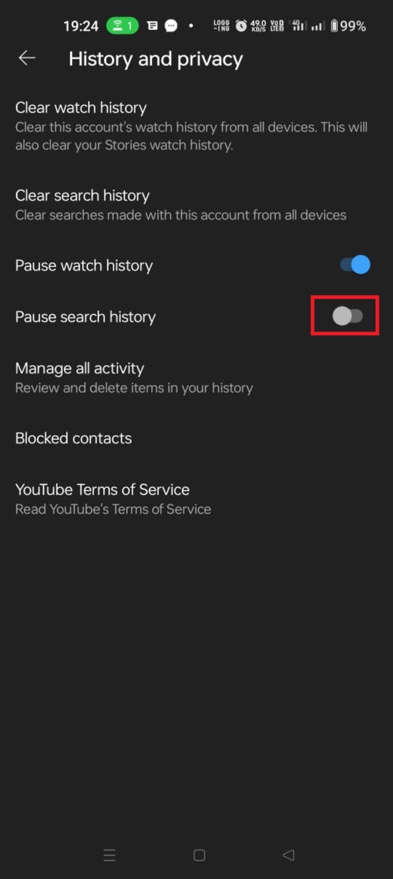 Estado de búsqueda pausada en la app de YouTube