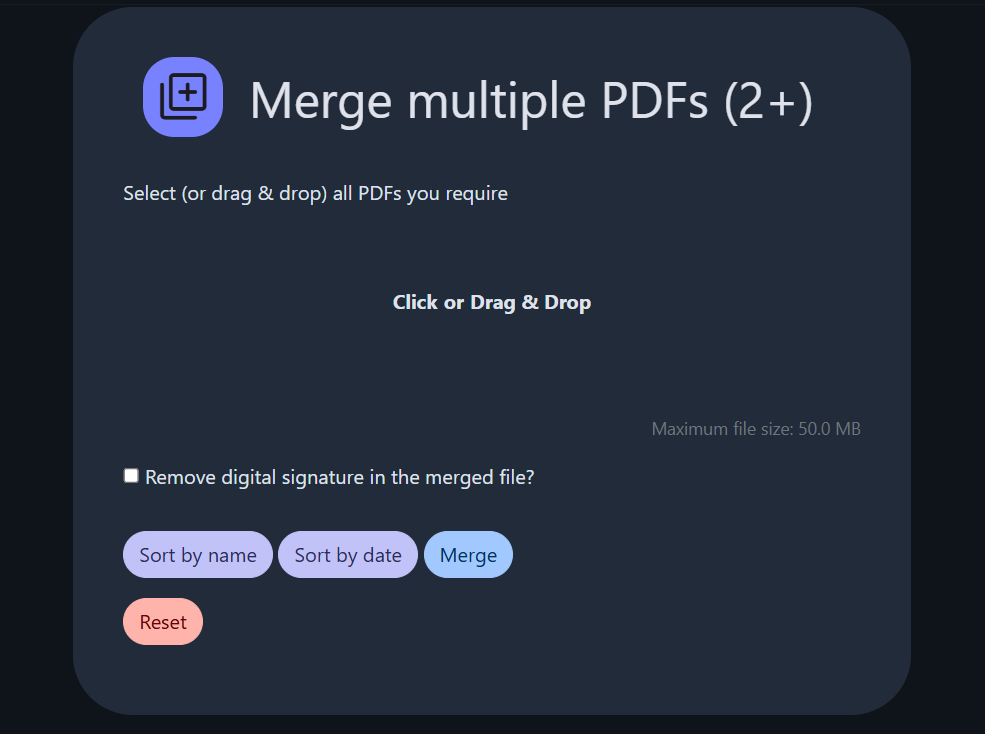 Объединение нескольких страниц PDF с помощью Stirling-PDF.