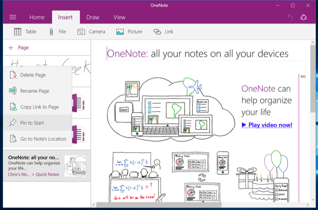 Изображение: закрепление страницы OneNote как плитки в Пуск