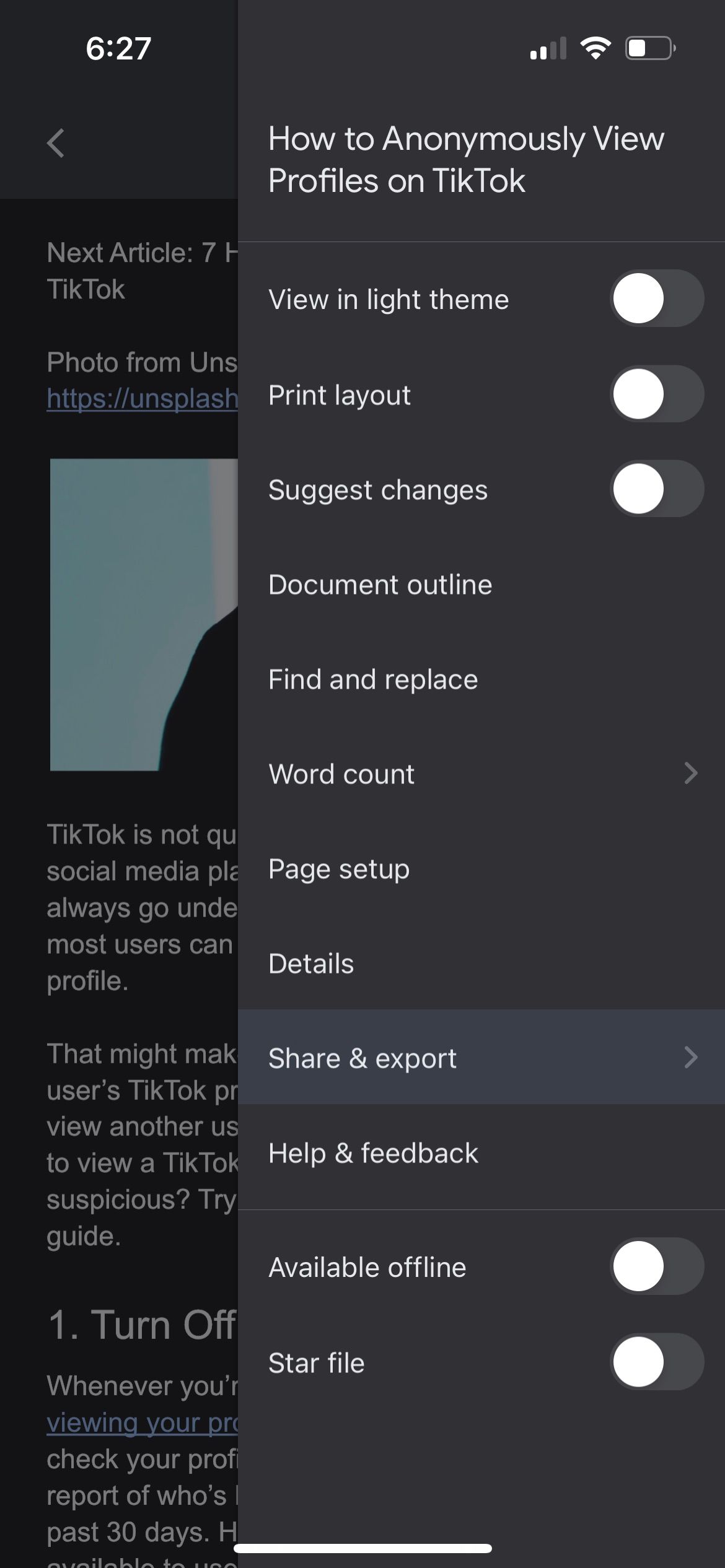 Меню Google Docs на iOS с пунктом Поделиться и экспорт