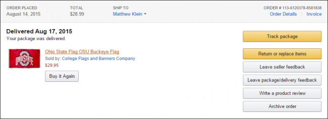 Страница с деталями заказа: дата, сумма, адрес и действия