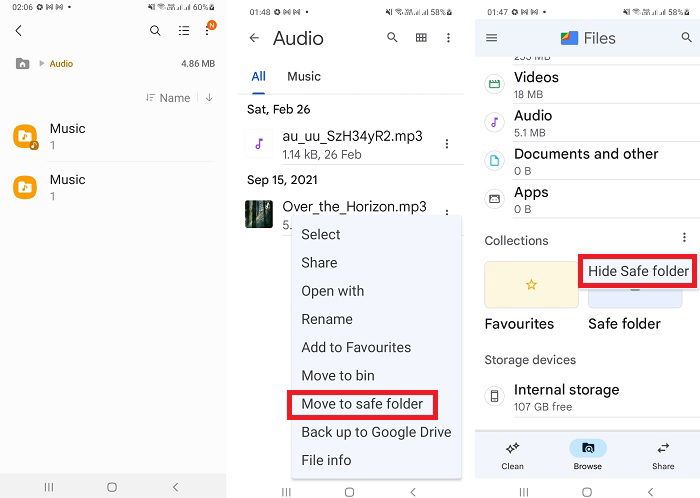 Скрытие Safe folder в Files by Google из меню