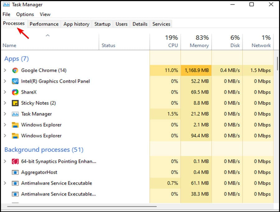 Диспетчер задач, вкладка процессы