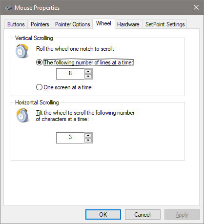 Вкладка 'Колесо' — вертикальная и горизонтальная прокрутка