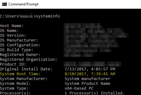 Вывод systeminfo в командной строке с указанием времени загрузки