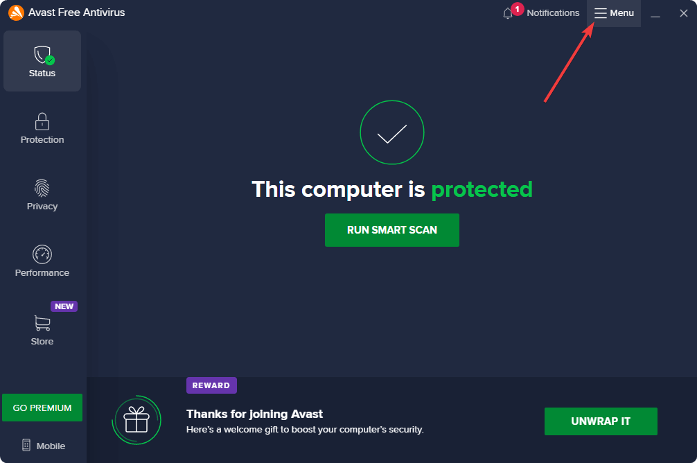 Меню Avast в интерфейсе программы