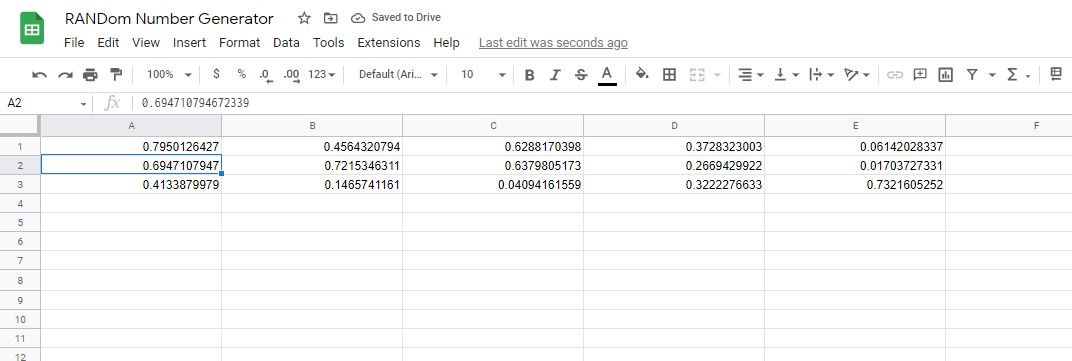 Результат выполнения RANDARRAY — массив случайных чисел