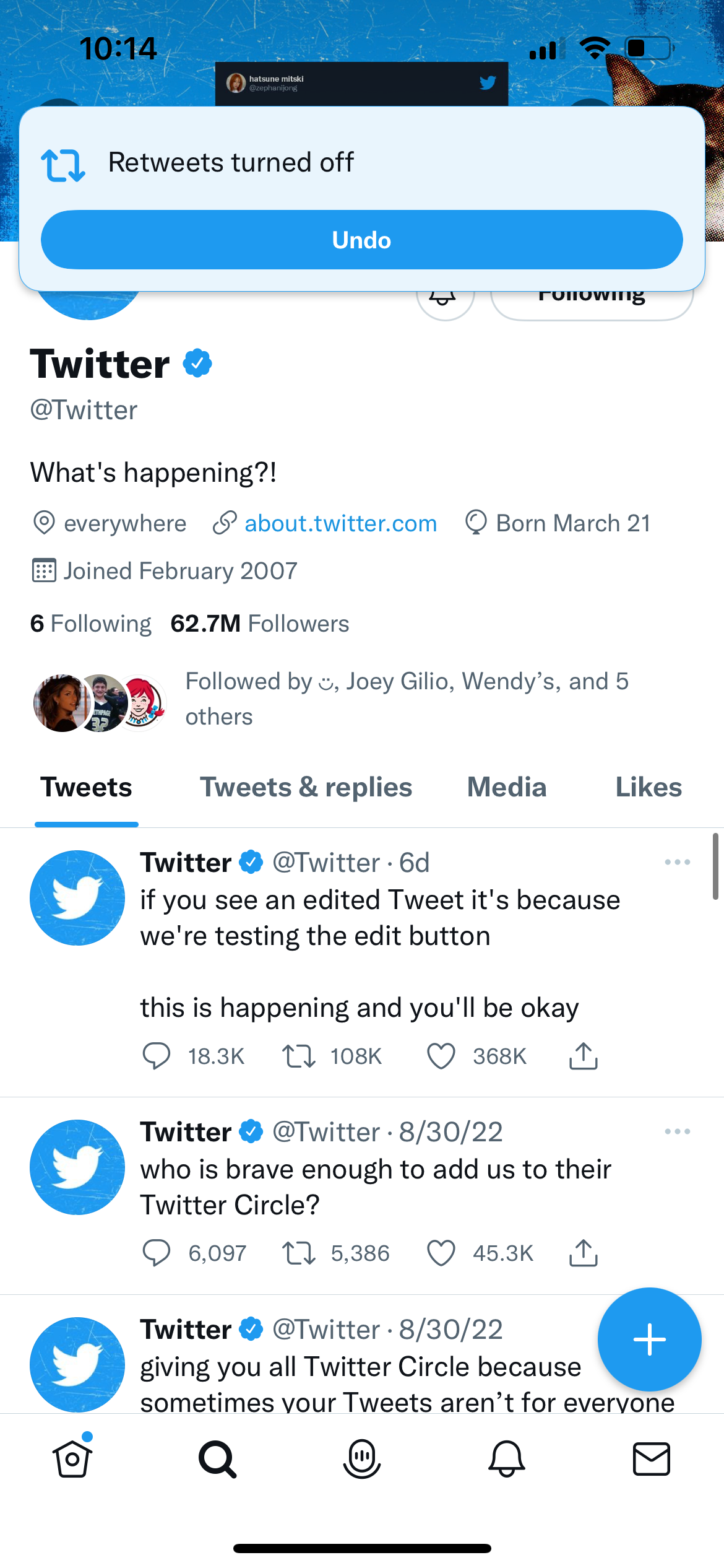 Профиль Twitter с отключёнными ретвитами