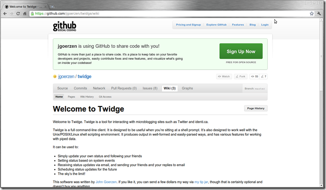Интерфейс Twidge на GitHub