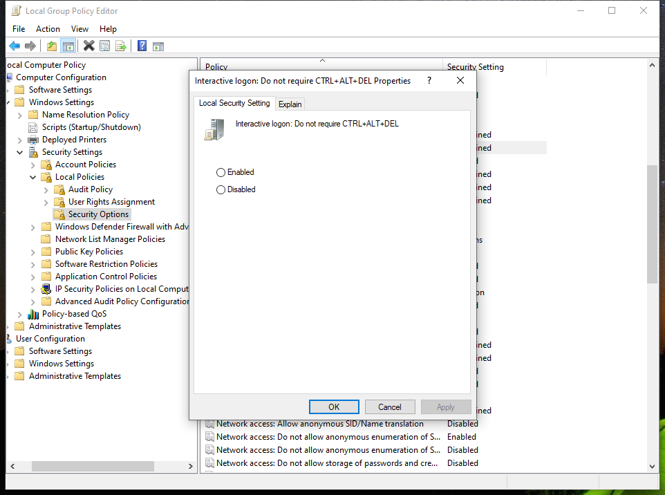 Окно настройки параметра требовать Ctrl+Alt+Del