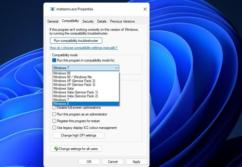 Флажок «Запустить программу в режиме совместимости для» в свойствах msteams.exe