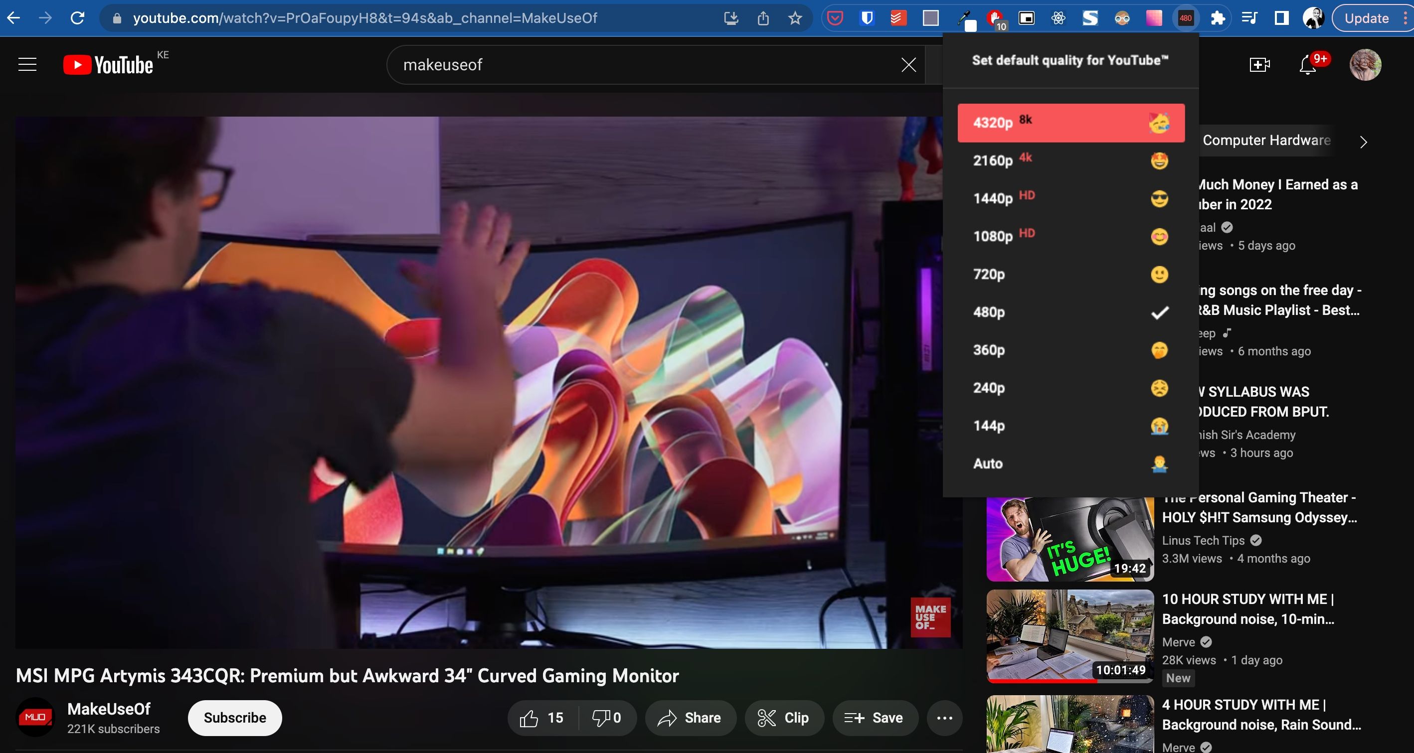 Установка качества по умолчанию с помощью расширения Auto HD/4k/8k for YouTube