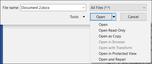 Параметр Open and Repair в диалоге Open Word