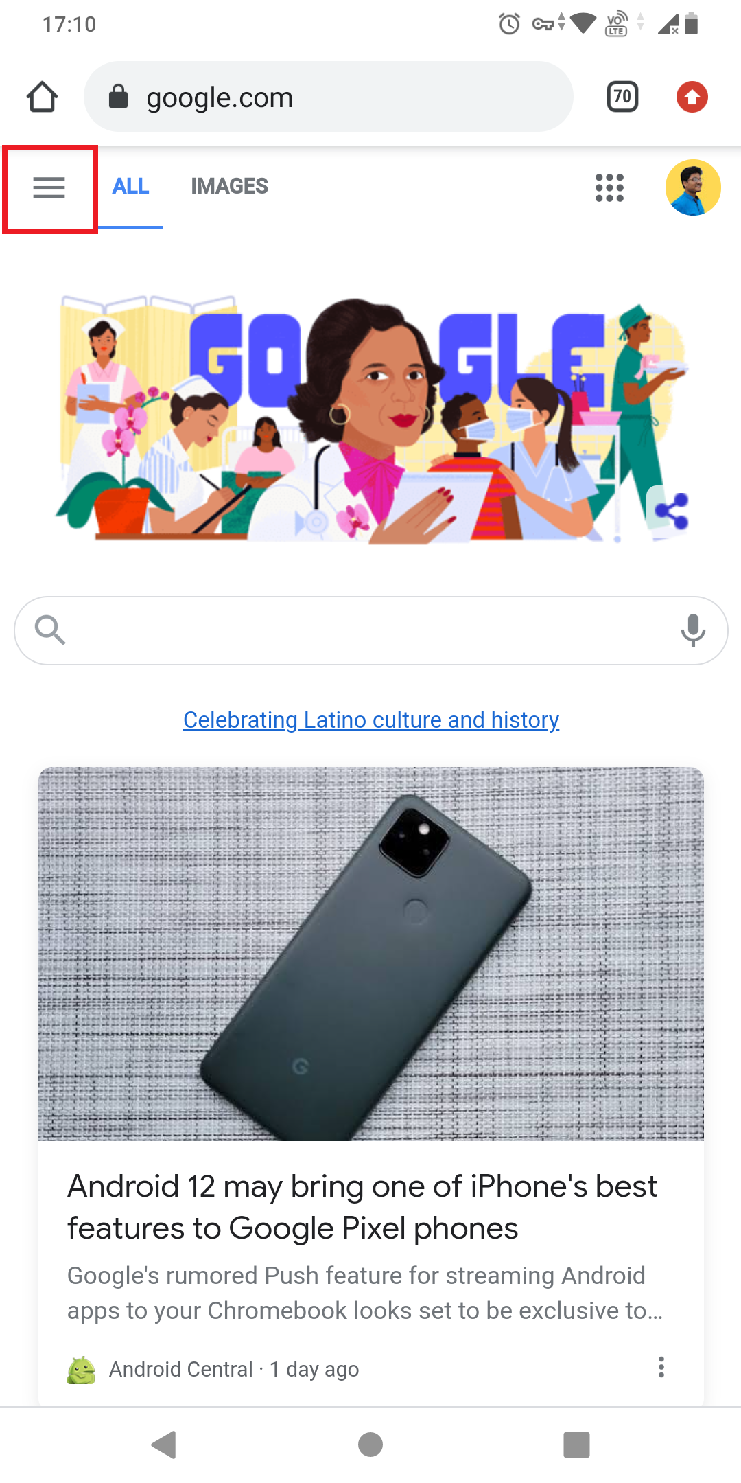 Скриншот мобильной версии главной страницы Google