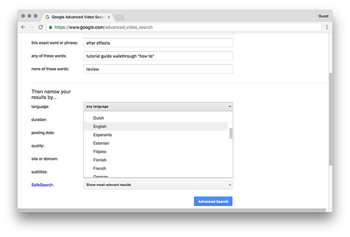 Параметр выбора языка для видео, выбран английский