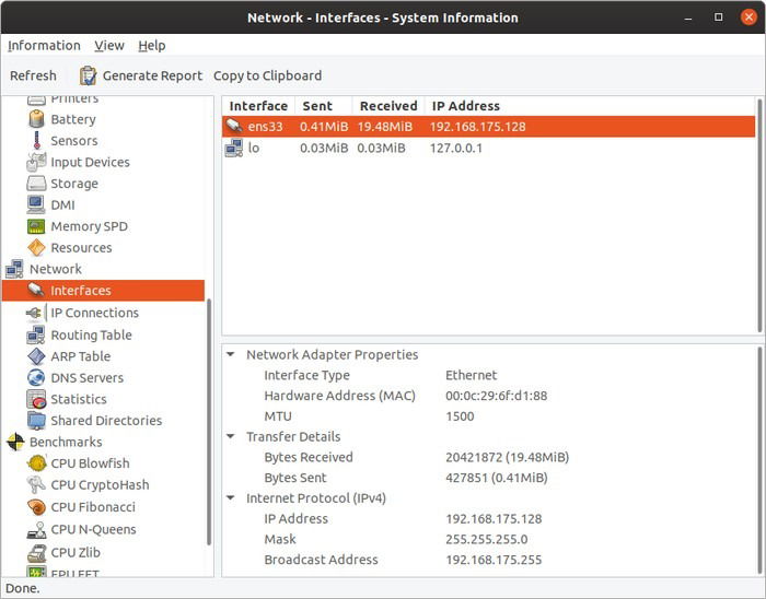 Скриншот: сетевые интерфейсы и статистика