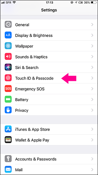 Экран: раздел Настройки — Touch ID и код‑пароль