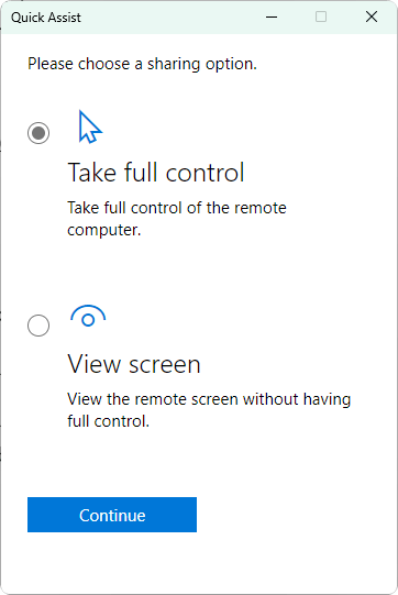 Выбор управления или просмотра экрана в Quick Assist