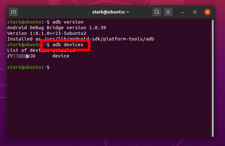 Terminal: adb devices