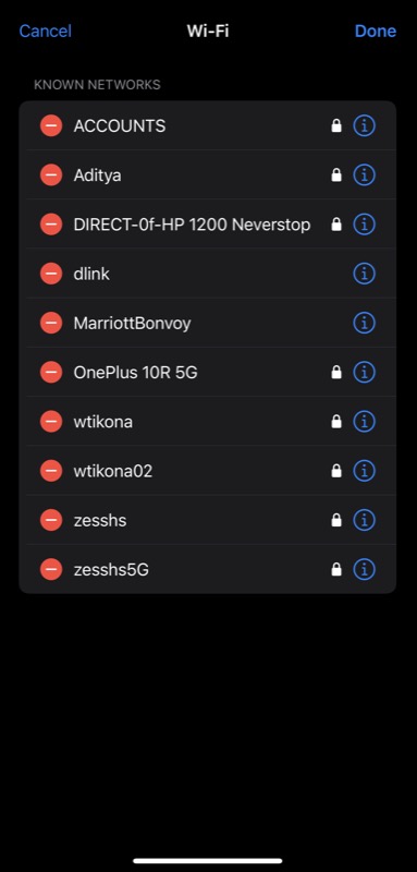 Удаление сохранённой Wi‑Fi сети на iPhone, красный минус и кнопка Удалить