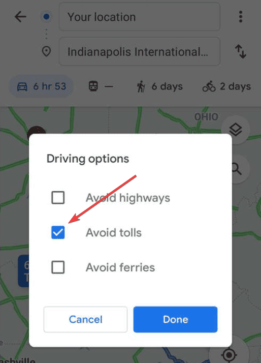 Экран меню маршрута: опция «Избегать платных дорог»