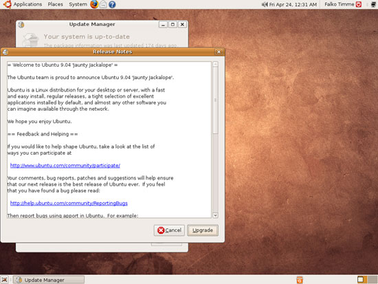 Окно с заметками о выпуске Ubuntu 9.04