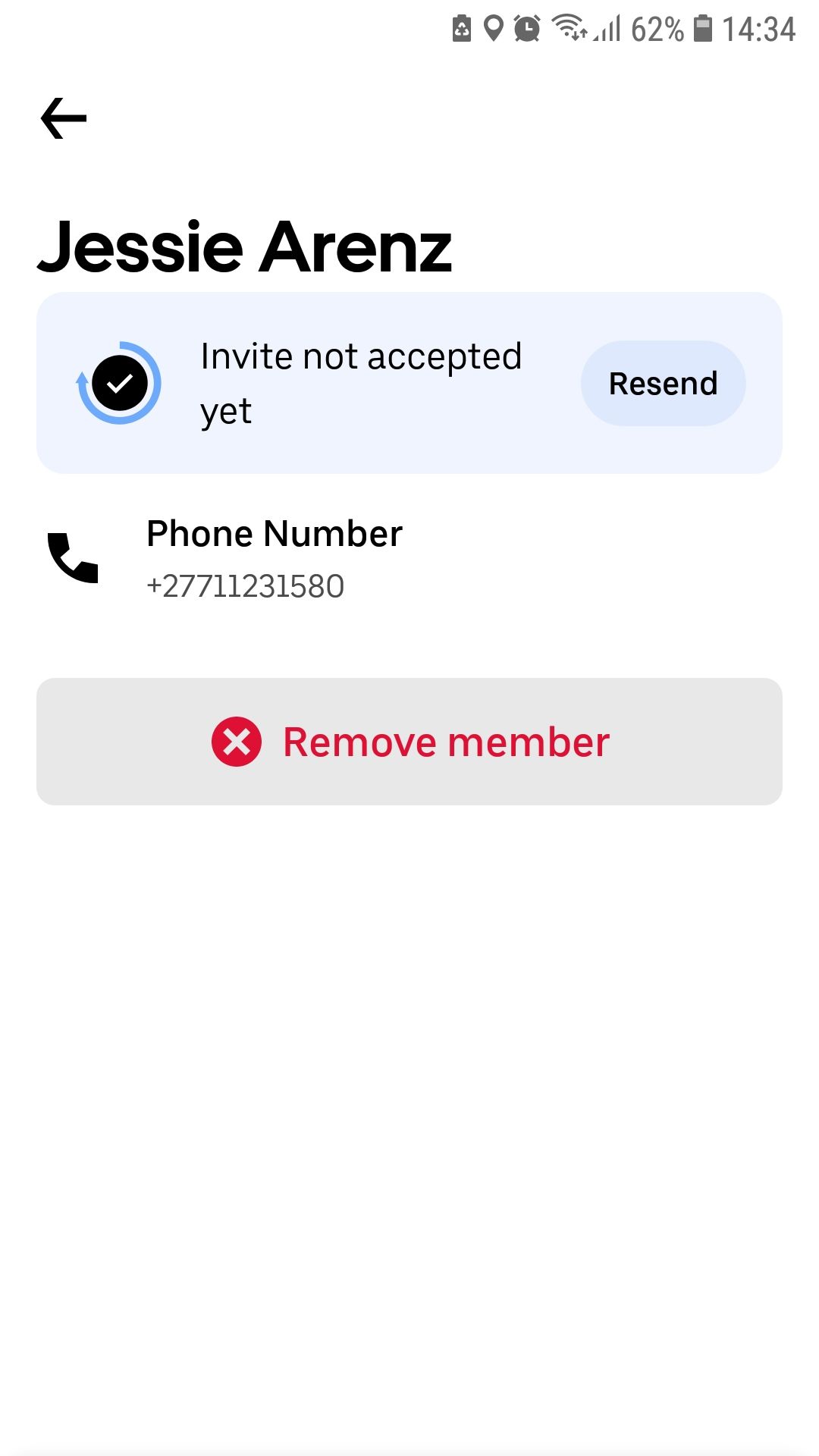 Экран приложения Uber — удаление участника семейного профиля