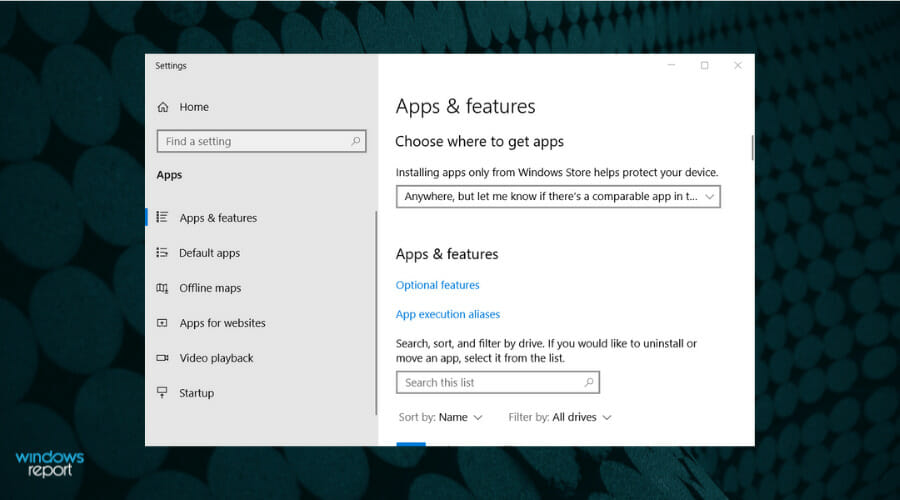Параметр 'Приложения и возможности' в настройках