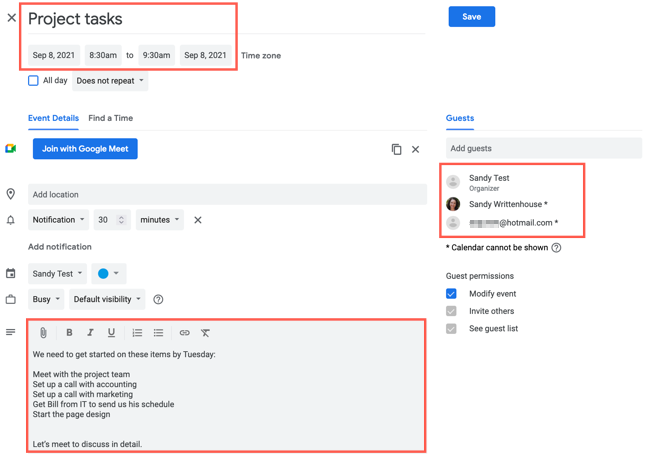 Событие в Google Календаре, созданное из письма Gmail