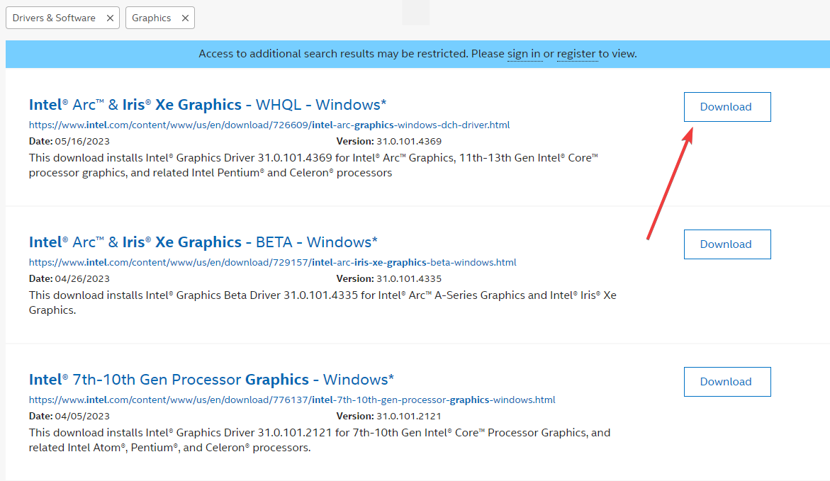 Кнопка 'Загрузить' рядом с драйвером на сайте