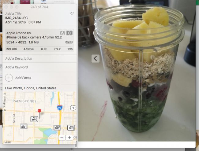 Foto de un batido con ubicación mostrada en Fotos