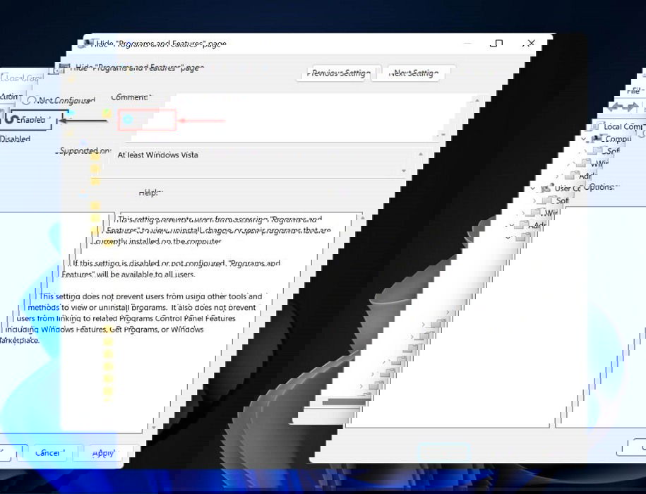 Включение опции Hide programs and features в Group Policy Editor