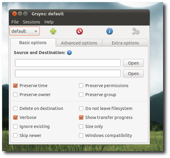 Окно Grsync с выбором сессий