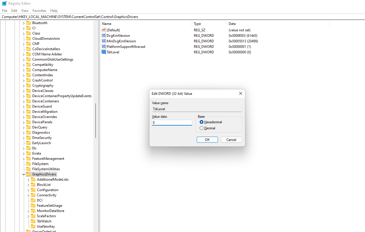 Переименование DWORD в TdrLevel и установка значения 0