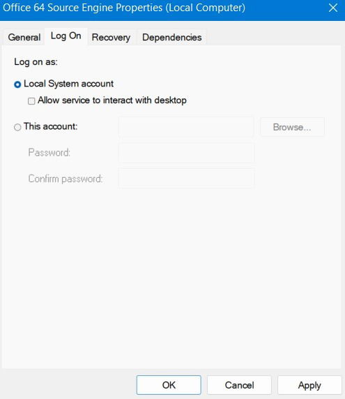 Установка входа службы Office 64 Source Engine как Local System