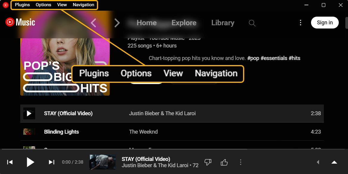 Меню плагинов в YouTube Music Desktop App
