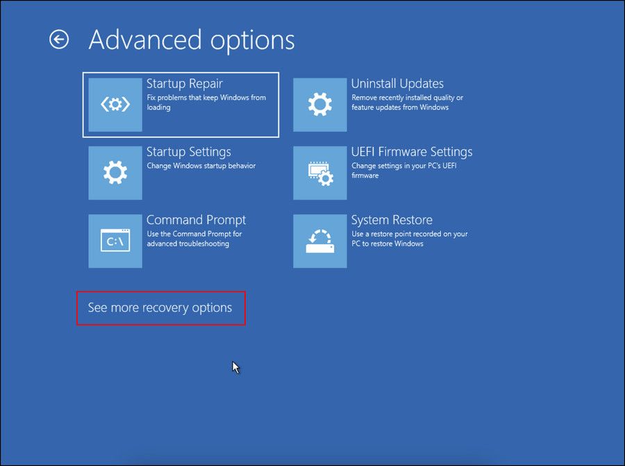 Меню дополнительных параметров восстановления в среде восстановления Windows