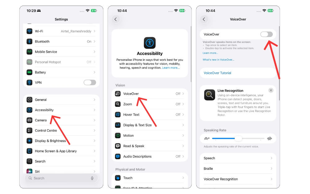 включение VoiceOver на iPhone – экран настроек доступности
