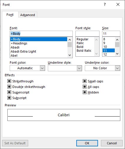 Окно выбора шрифта в Outlook