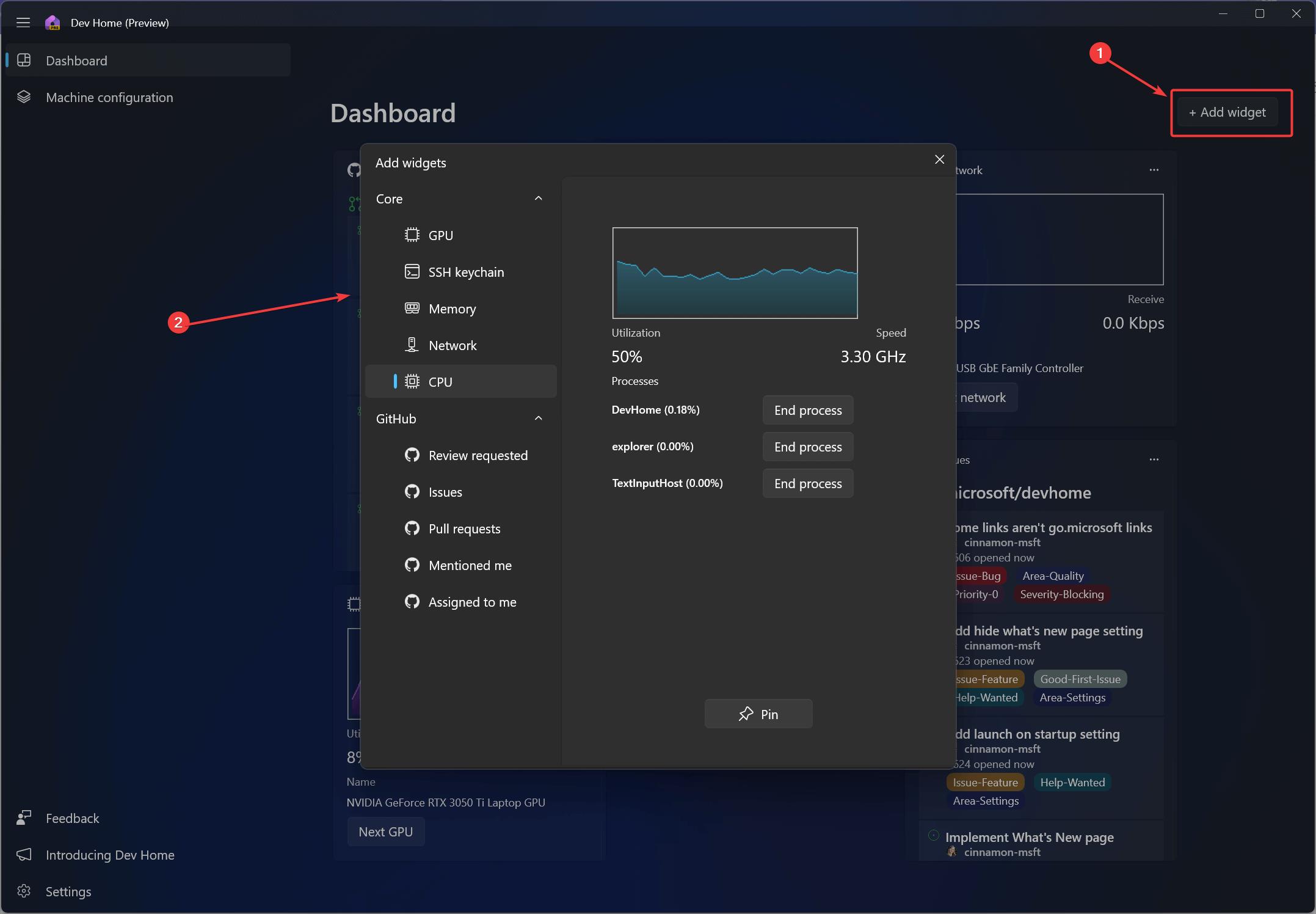 Окно добавления виджетов в Dev Home