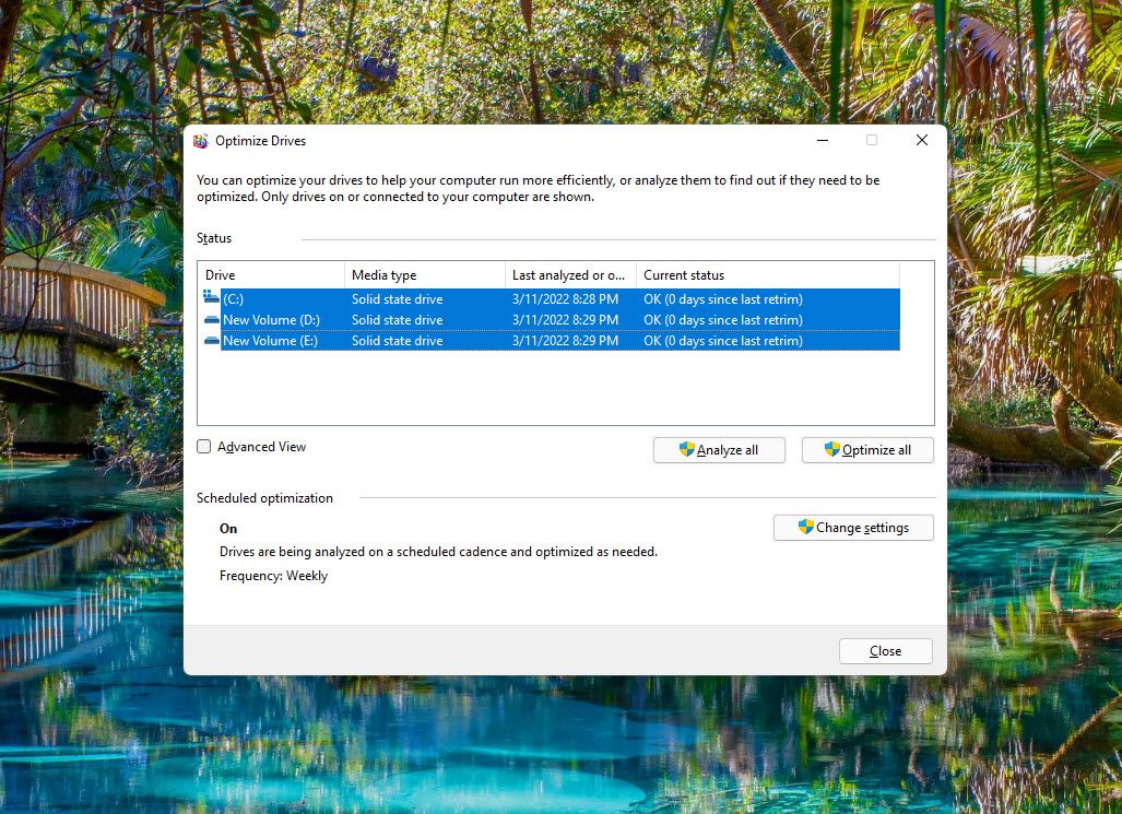 using the defragmentation utility on Windows
