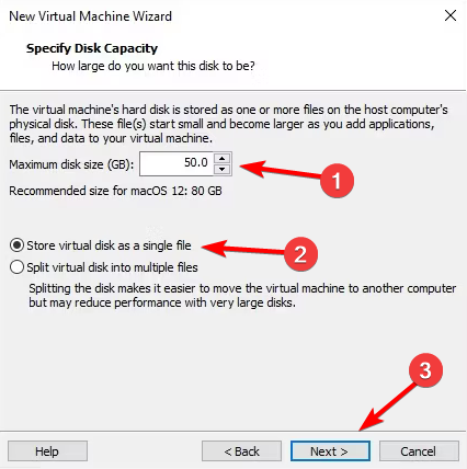 Настройка размера виртуального диска 50GB