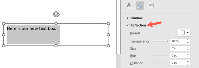 Выделенный текст и раздел Отражение в боковой панели