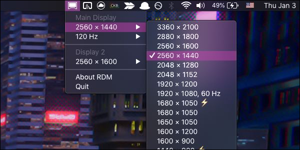 Меню выбора разрешения Retina Display Menu