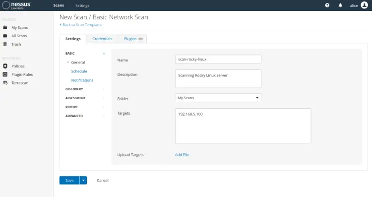 Настройки нового скана с указанием цели 192.168.5.100