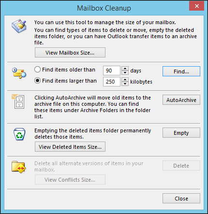 Опции Mailbox Cleanup для поиска больших сообщений и очистки почты