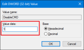 Окно настройки значения DisableCMD